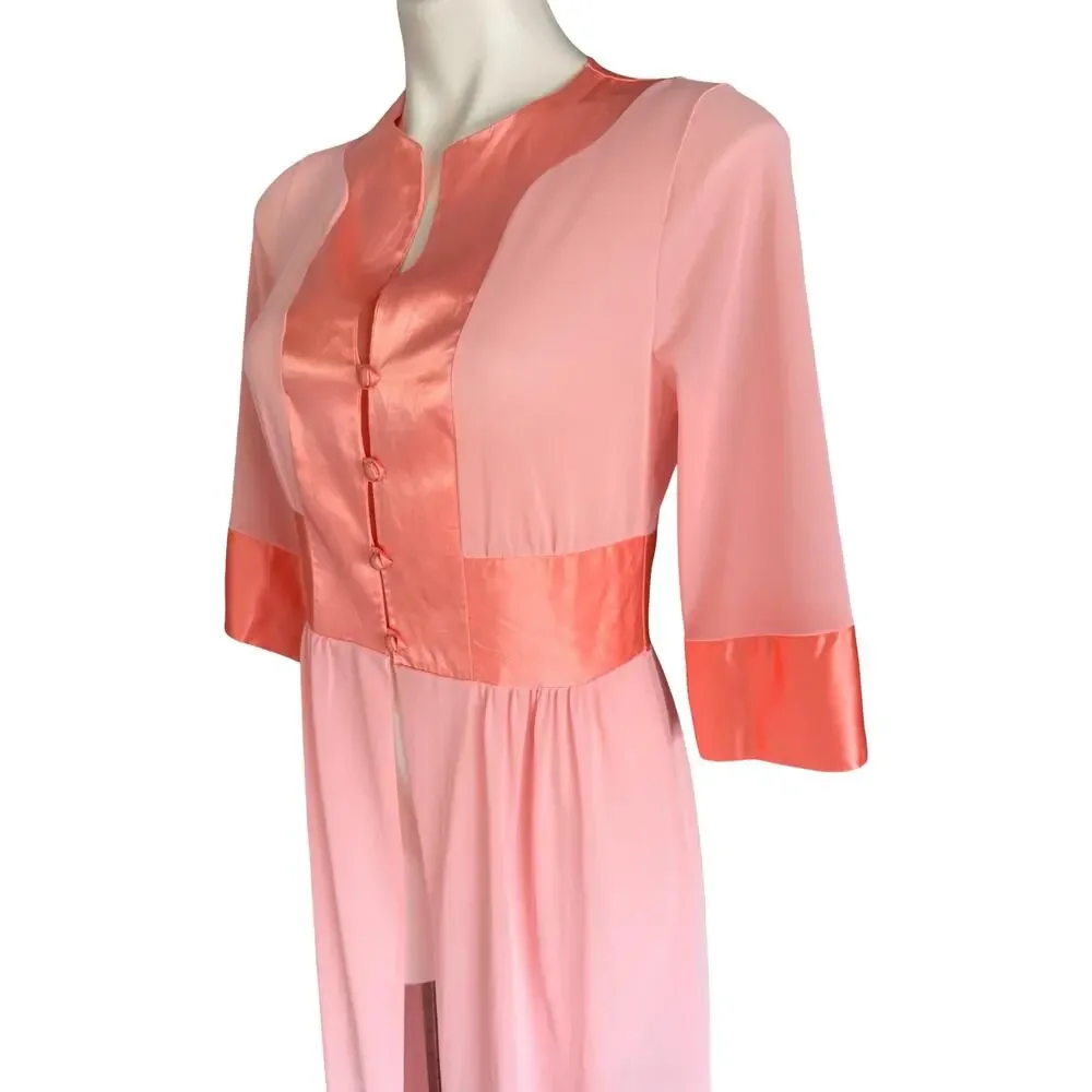 Vintage Gossard Artemis Nylon Peachy Colorblock Robe 1970s Satin Trim Medium